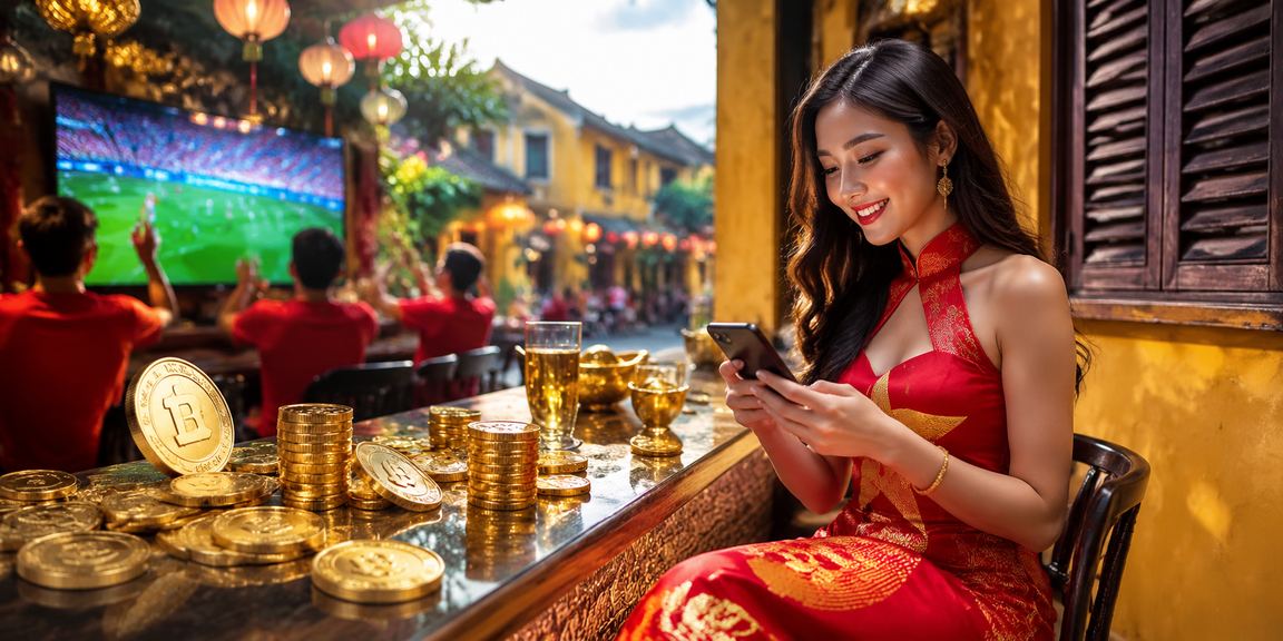 Người chơi sử dụng ứng dụng mobile casino trong lễ hội đêm tại Hội An