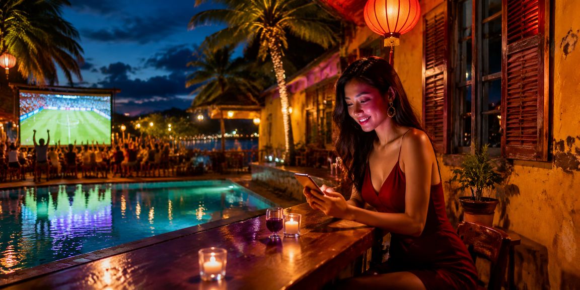 Người chơi sử dụng casino mobile trong không gian neon rực rỡ tại Hội An